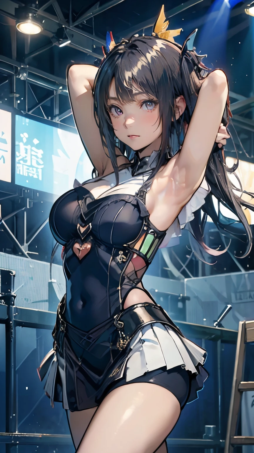 (Very delicate and beautiful:1.2)super model,,Big Breasts,Beautiful breasts,voluptuous,【bike shorts】,,【3girls】,,highest quality, High resolution, 8K,, Large Breasts,, Vivid details, ,Idol Group,mini skirt,With a gentle expression, he spreads his arms out to the audience.