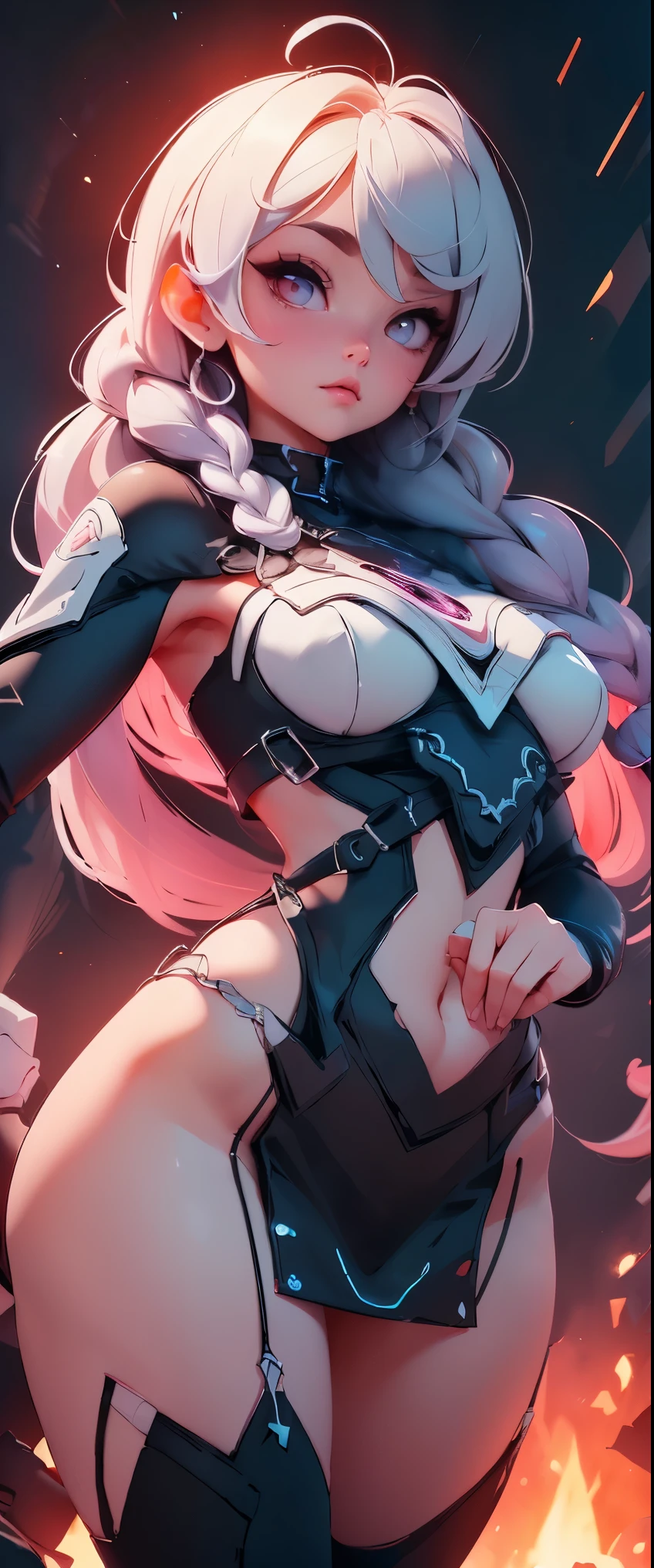 ((masterpiece, highest quality, Highest image quality, High resolution, photorealistic, Raw photo, 8K)), ((Extremely detailed CG unified 8k wallpaper)), (huge stunning goddess shot, very hot and sexy, jaw-dropping beauty, perfect proportions, beautiful body, slim body beauty:1.1), croptic girl, 2 girl, Long silver hair, two braids, big eyes staring at the camera in a dynamic pose.