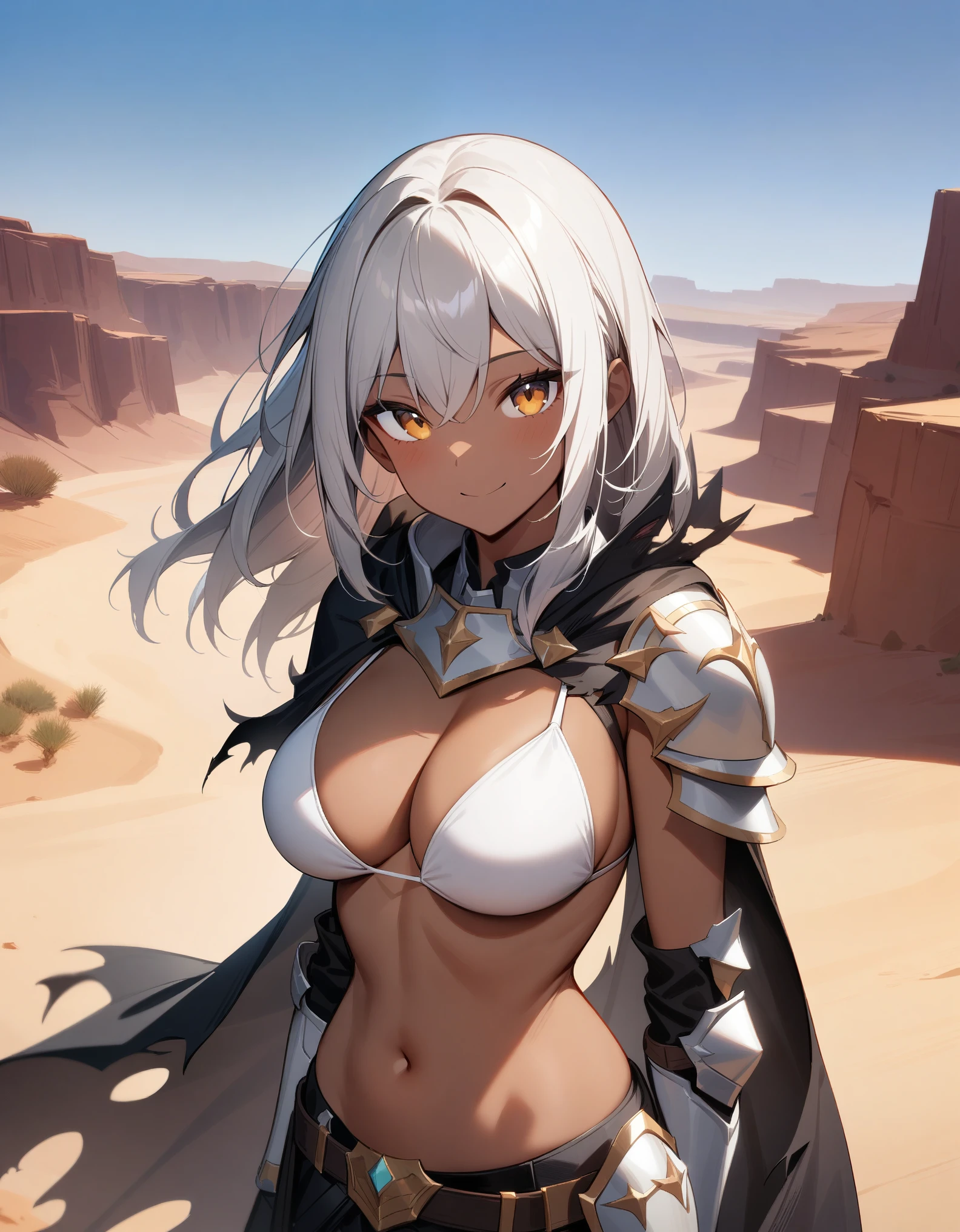 masterpiece, best quality, very aesthetic, absurdres, 1girl, dark-skinned female, looking at viewer, upper body, breasts, torn cape, bikini, armor, smile, desert, canyon