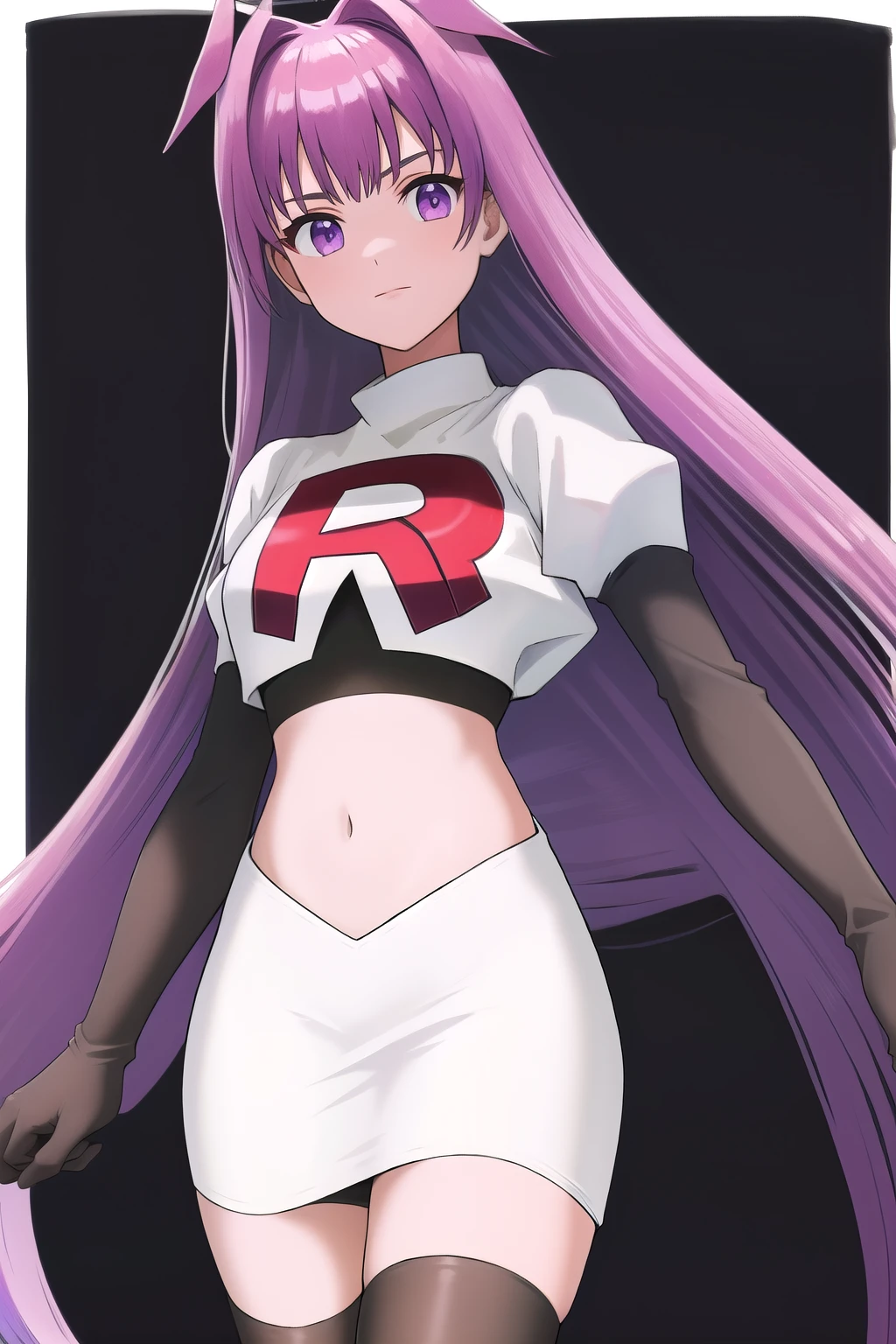 veyle_engage, 1girl, purple eyes, solo, team rocket,team rocket uniform,white skirt,red letter R,crop top,black thigh-highs,black elbow gloves