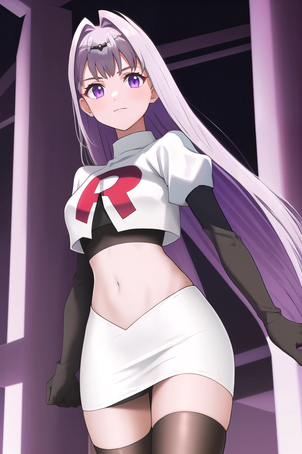 veyle_engage, 1girl, purple eyes, solo, team rocket,team rocket uniform,white skirt,red letter R,crop top,black thigh-highs,black elbow gloves