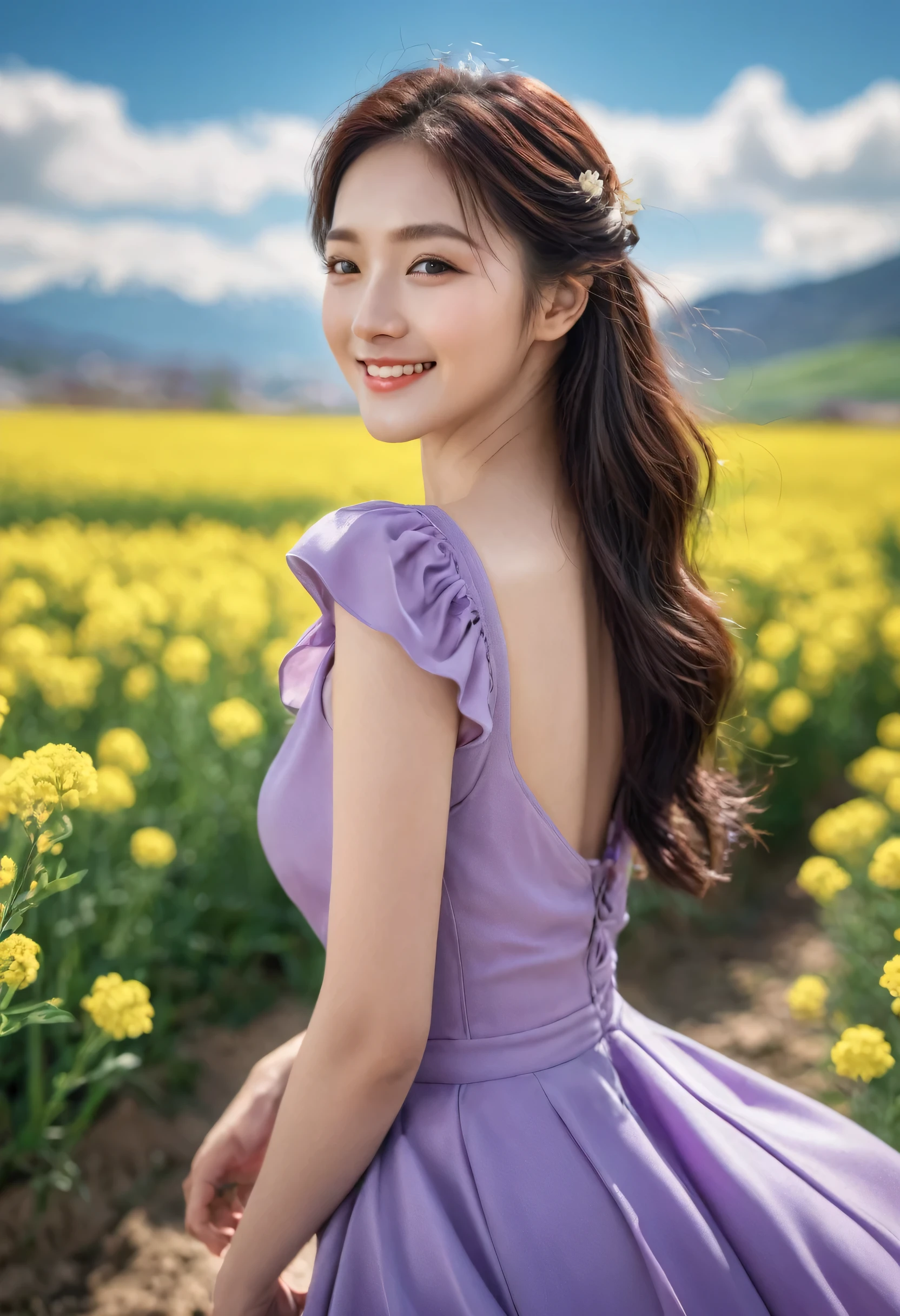 (Canon RF85mm f/1.2,best quality,Reality:1.4,movie lighting),(1 girl,Korean mixed,Korean Idol:1.2,lifelike，masterpiece，Best image quality，8K,HDR,RAW,1 girl，((solo))，(spring scenery，Mountains in the distance，Beautiful clouds，Oilseed flower field)，(Standing)，Looking at the audience，(up body:1.2)，Purple dress，braid，perspective，Smile