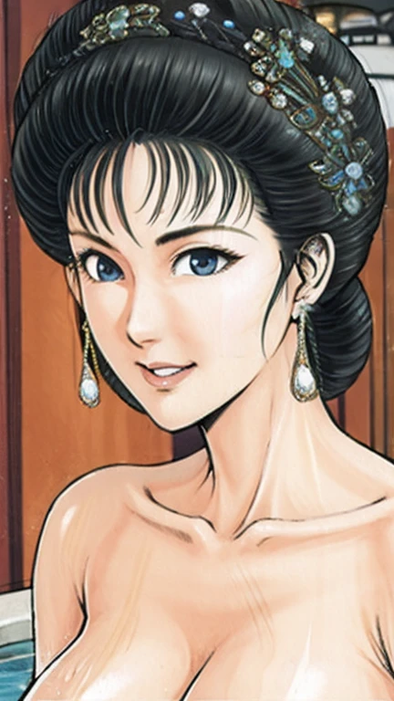 (best quality), (very aesthetic), (ultra-detailed), (best illustration),a mature female,NSFW,Perfect Face,Suikoden,Mrs. Lin,(full_body),(full_nude),red cheek,Large drops of sweat are pouring from the whole body,skinny,chinese traditional bath room,standing in the bathtub,Drops of water dripping from the skin of the entire body,Eyes downcast