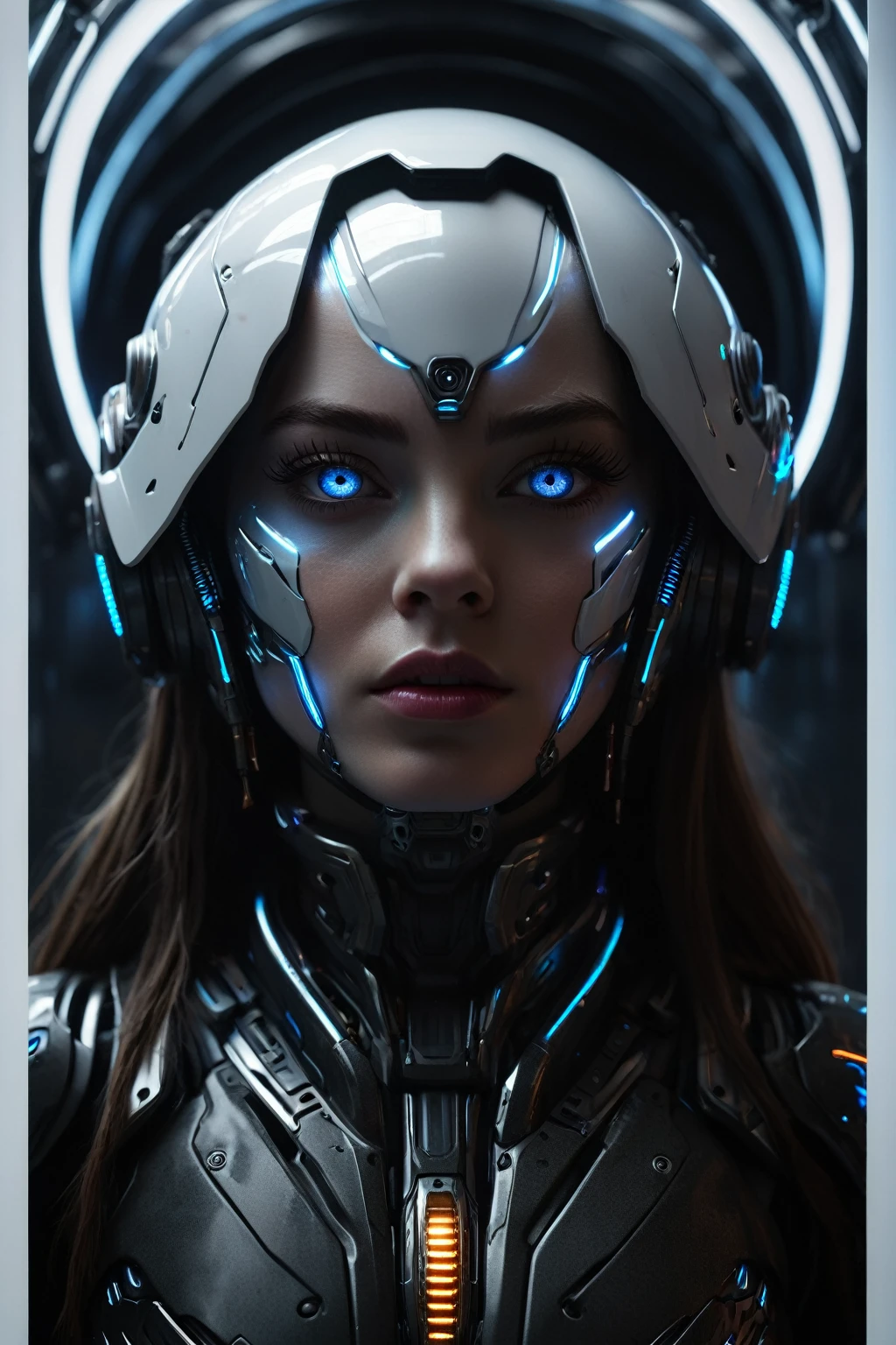 (best quality,4k,8k,highres,masterpiece:1.2),ultra-detailed,(realistic,photorealistic,photo-realistic:1.37),futuristic female cyborg,portrait style,metallic material,glowing blue eyes,sharp facial features,fierce expression,mechanical body parts,digitally enhanced long hair,futuristic armor,high-tech visor,powerful and confident stance,dystopian background,neon lights,colorful holographic projections,sci-fi lighting