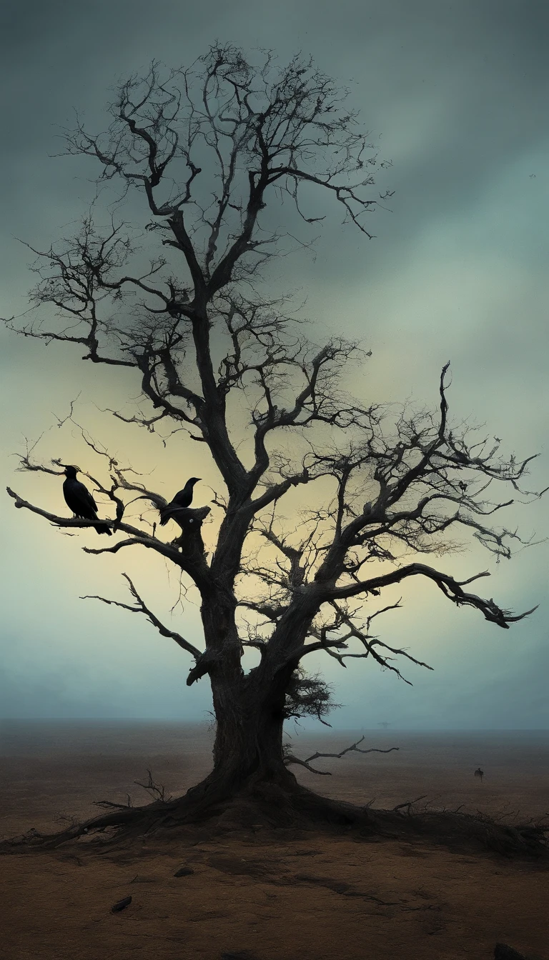 Two crows on a dead tree, Una sombra con Forma de caminante, starry night, There is thick fog on the ground, Blue light on the horizon, motor unreal 5, Kinesiology, low angle photography, DesenFoque de movimiento, ProFundidad de campo, dust, Pebbles and dirt. Ink Art, Paint dripping. PerFect color gradation. InFluenciado por Karel Appel y Jeremy Mann, Full oF dramatic and menacing scenes, Ultra detailed, BeautiFul, incredible details, Intricate details, Edit photos, Shot with a 50mm lens, ProFundidad de campo, tilt blur, Shutter Speed 1/1000, F/22. Lightmaps, Super bright