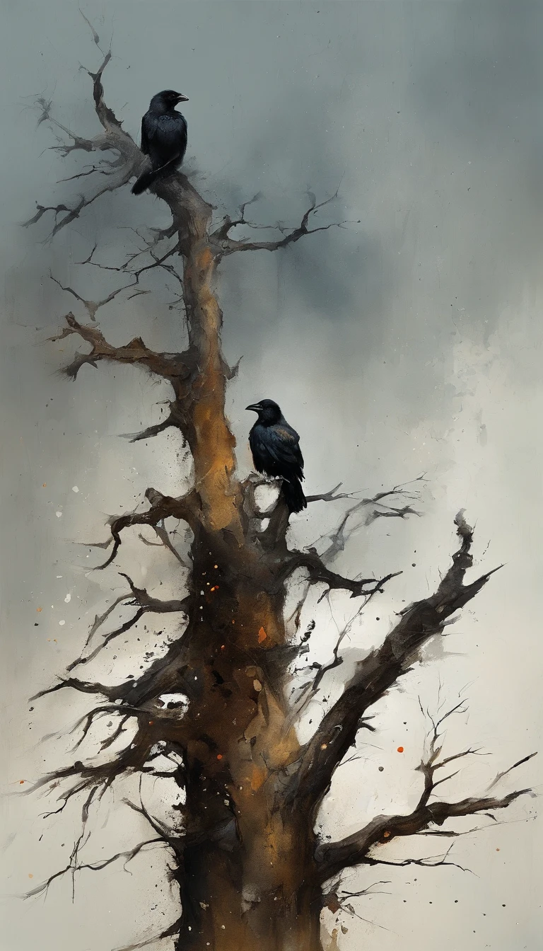 Two crows on a dead tree, Una sombra con Forma de caminante, starry night, There is thick fog on the ground, Blue light on the horizon, motor unreal 5, Kinesiology, low angle photography, DesenFoque de movimiento, ProFundidad de campo, dust, Pebbles and dirt. Ink Art, Paint dripping. PerFect color gradation. InFluenciado por Karel Appel y Jeremy Mann, Full oF dramatic and menacing scenes, Ultra detailed, BeautiFul, incredible details, Intricate details, Edit photos, Shot with a 50mm lens, ProFundidad de campo, tilt blur, Shutter Speed ​​1/1000, F/22. Lightmaps, Super bright