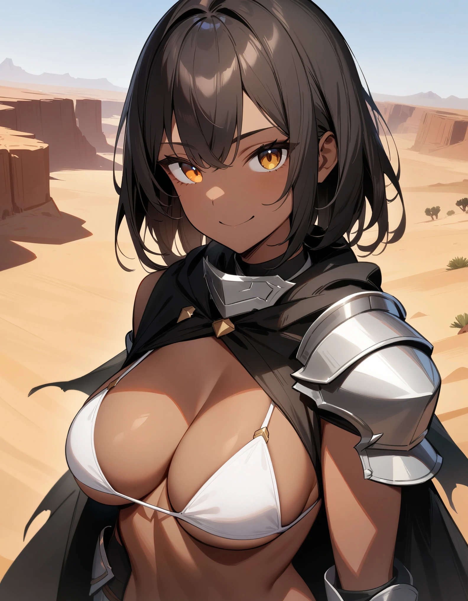 masterpiece, best quality, very aesthetic, absurdres, 1girl, dark-skinned female, looking at viewer, upper body, breasts, torn cape, bikini, armor, smile, desert, canyon