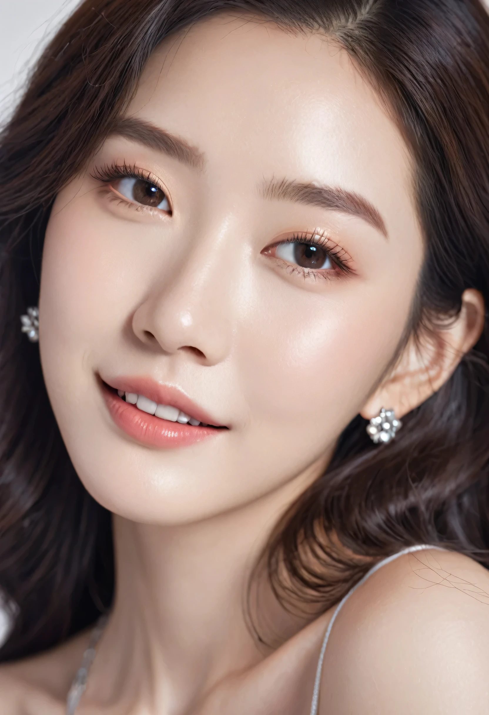 (Canon RF85mm f/1.2,best quality,Reality:1.4,movie lighting),(1 girl,Korean mixed,Korean Idol:1.2,beautiful long legs),(Long brown wavy hair),(Pink Shiny Lips,Pink eyeshadow,eyelash,powder blush,cosmetic),(White Shiny Skin,black eyes,Pores,Skin texture,Shiny),(necklace,earrings),Large Breasts,Smile,Dynamic poses
