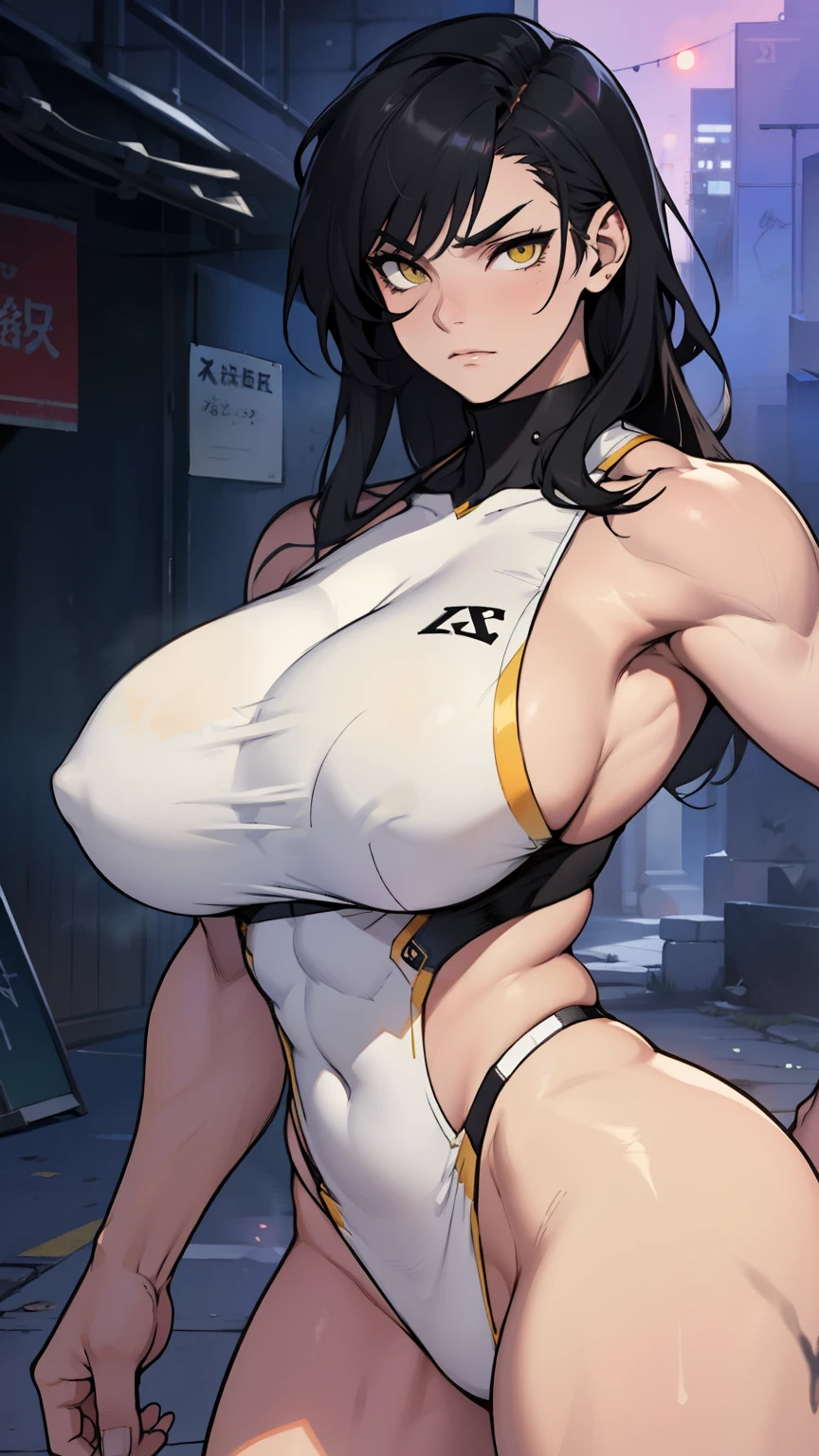 muscular muscular muscular huge breasts huge breasts huge breasts thick thick thick pale skin black hair yellow eyes sad