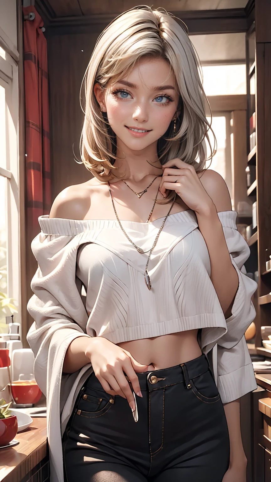 Wearing an off-the-shoulder body-conscious outfit、Sexy expression、Sexy figure、White woman、Silver Hair、smile