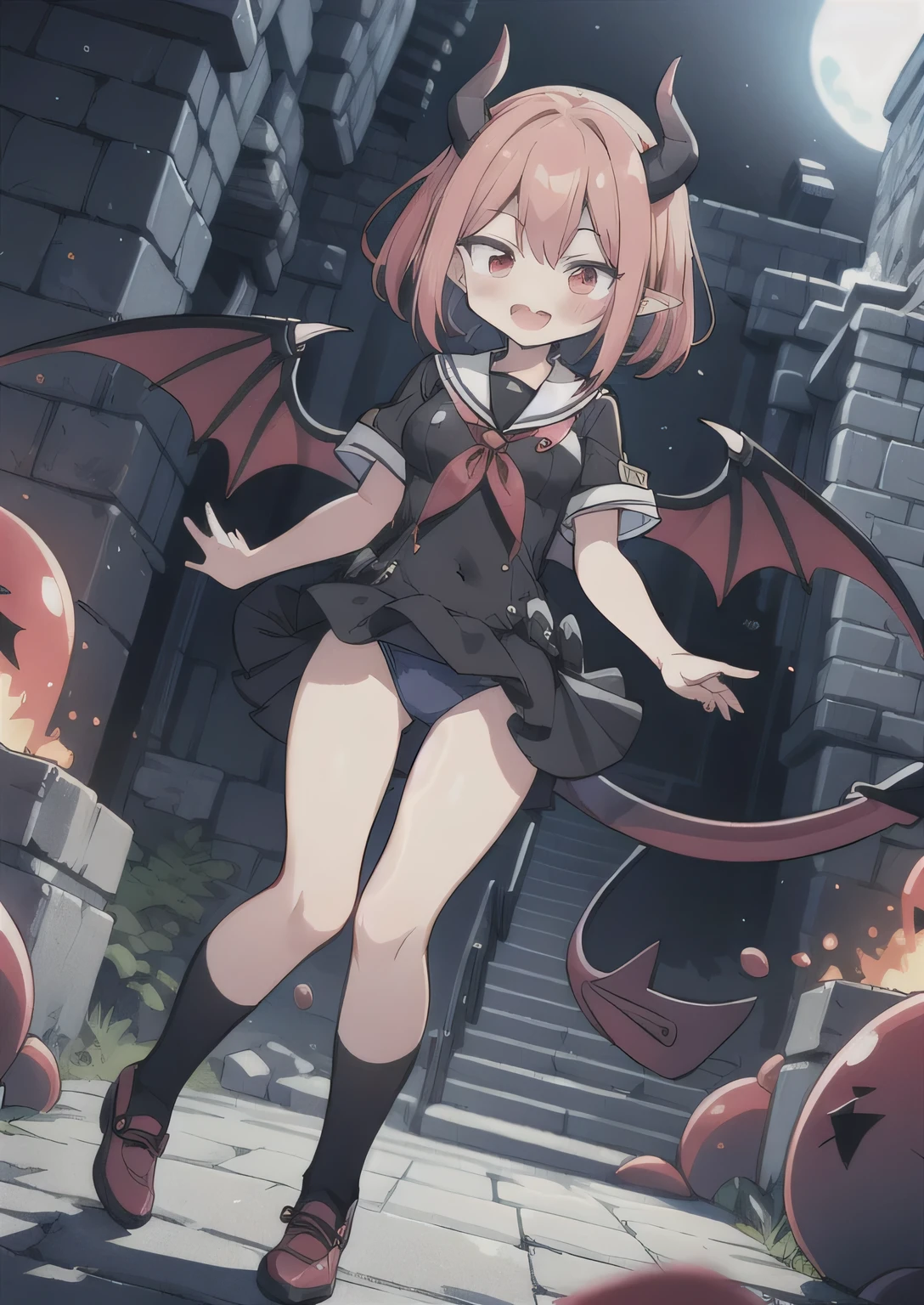 8K,  1girl, petit, teen, kawaii vampire, crimson hair, short hair, red eyes, fang, bat wings, smile, (blush), (shy), pointed ears, looking at viewer,  dynamic angle, wind, game cg, fantastic scenery, demon tail, thin tail, black horns, medium breast, show full body, class uniform, sexy, dungeons, summon, magic, bulge, show bulge, swimsuit, tentacles, slime, grinding