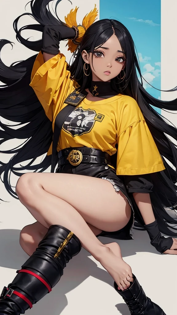 Personagem de free fire, moko pele parda, com saia preta e meia preta, blusa amarela com asas amarela, bota branca, long black hair japanese style, olhos na cor rosa e mascara azul com preta