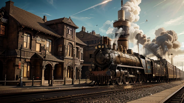 there is 1 woman, 27yo, walking along a train station platform, dressed in sexy retro-futurist style, long flaming red hair, dieselpunk railway station, steampunk aesthetic, steampunk concept art, steampunk digital art, high quality steampunk art, magic and steam - punk inspired, digital steampunk art, steampunk art, victorian steampunk mega city, detailed steampunk illustration, golden steampunk city atmosphere, amazing wallpaper, 4k highly detailed digital art, steam-punk