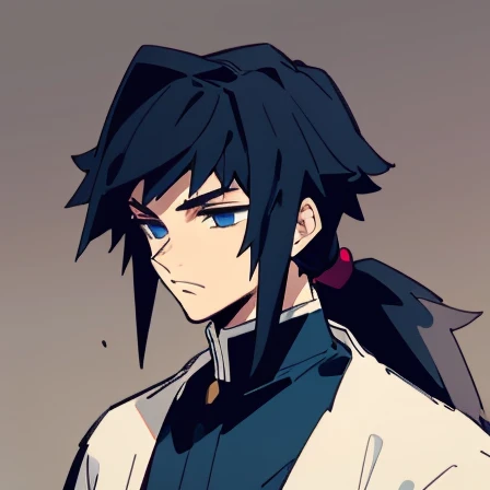 a tall young man with messy medium-length black hair that is tied back into a low ponytail, sharp dark-blue eyes, thin eyebrows. A nice mountainous background 