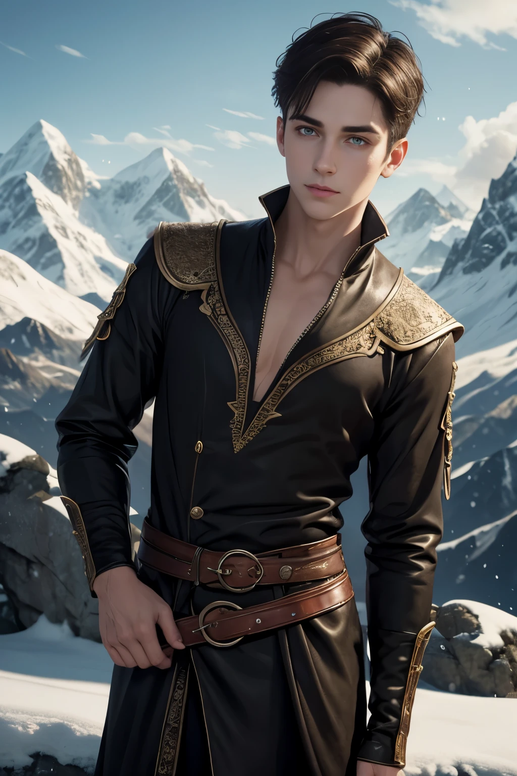 An young male illusionist. Fantasy setting. Very short hair. Short haircut. Dark-brown hair with a undercut. Very pale skin with freckles and liverspots. Round soft face. Round soft chin. Round soft cheeks. Curved lips. Long wide nose. Dark brown eyes. Upturned eyes. Long neck. Very thin, barely visible eyebrows. Slim. Friendly. Kind. Wearing the used clothes of wizard. Background: An skandinavian landscape. Mountains and snow.