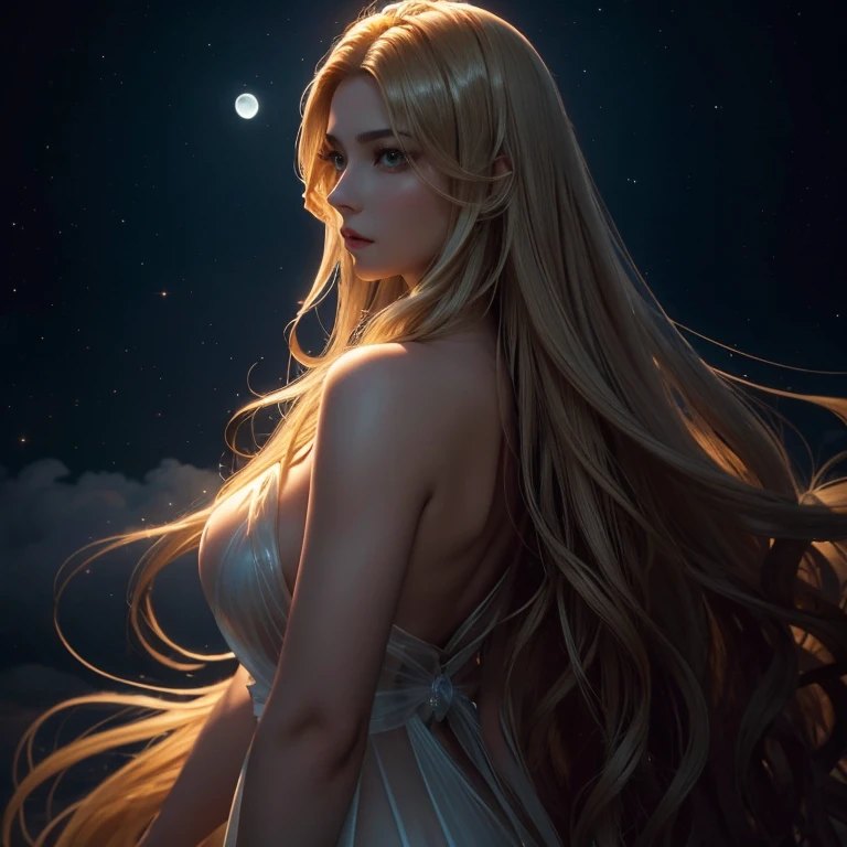 Goddess face, left side view, starring the moon, dark night scene, glamorous face, HD, surrealism, extreme color, long hair blows, seductive, cinematic portrait, transparent dress, hold up hands, beautiful body silhouette ((best quality)), ((masterpiece)), (detailed), perfect face Aphrodite, seductive, unreal engine, hyper realistic, ultra detailed, vintage style, perfect model, floating in the air, above the clouds, waist long golden hair, wavy hair, glorious transparent long dress, shiny skin