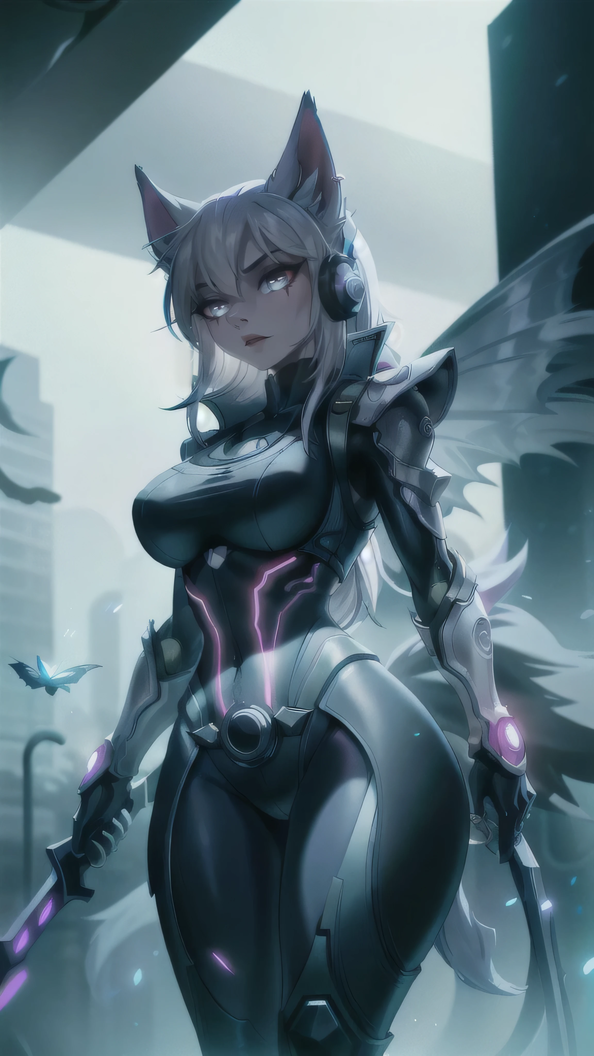 A very detailed portrait of a lone wolf girl standing on a street corner, (anthro, furry, muzzle: 1.2), mustaches, during a storm with lightning and a cloudy sky, neon and cyberpunk background, wears punk clothes and a tight latex pants with silver chains and silver spikes, has a butterfly wing clip in her wild hair,  has headphones and a tie, small, detailed bright red eyes with distinct pupils, ominous halo aura, smile, punk, cyberpunk, backlighting, masterpiece, best quality, intricate detail, absurd, high detail Color RAW Photo, highly detailed, rough lighting, cinematic lighting, detailed eyes, distinct pupils, contrast, hard light, gigapixel, 8k resolution, beautiful, cinematic, elegant, hyper-realistic, octane, unreal, unreal, high definition,  8k resolution, highly detailed, 8k uhd, professional lighting, photon mapping, radiosity, physics-based rendering, award-winning photography, detailed face, backlight, ultra-realistic, ray tracing, vivid look, cinematic lighting