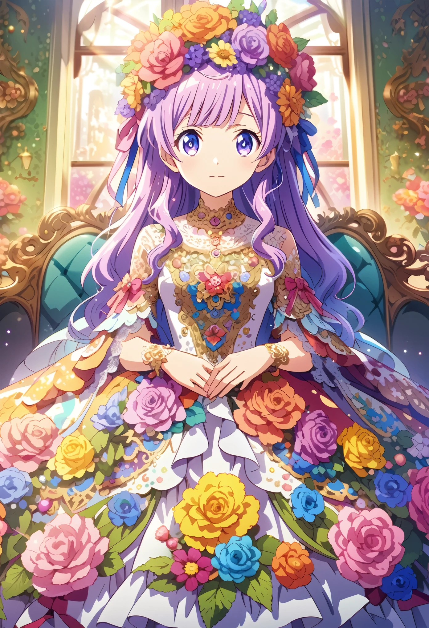 "A character wears an elaborate dress decorated with lace, ribbons, and flowers, and a pretty flower crown on her head. The background is a room with a sofa. Detailed and colorful anime-style illustration."
