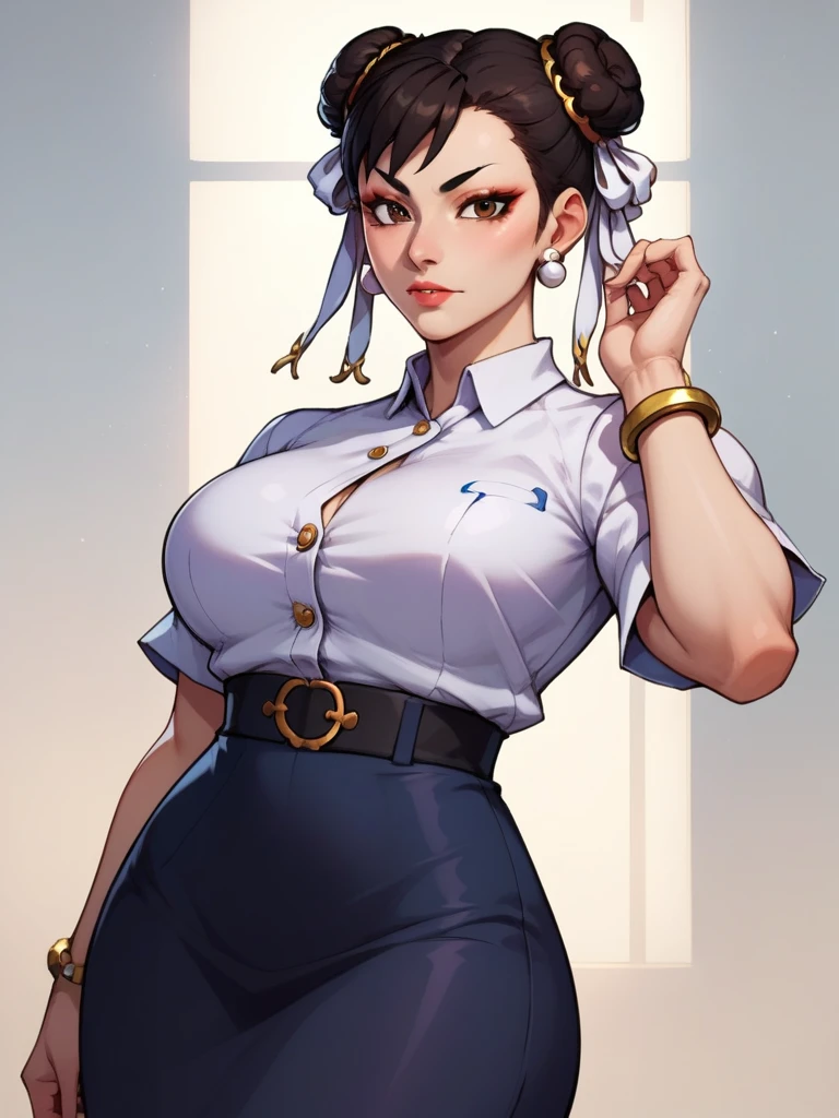 score_9, score_8_up, score_7_up, BREAK, chun-li, chunliSDXL,1girl, solo, big breasts, looking at viewer, black hair, brown eyes, jewelry, earrings, hair bun, black heels, bracelet, double bun, makeup, office lady outfit, shirt, white tight shirt, skirt, black pencil skirt, black tights, cowboy shot, upper body