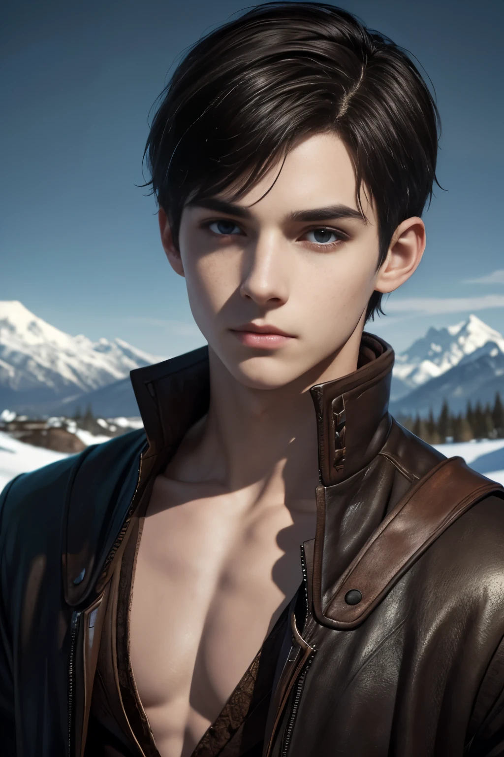 An young male illusionist. Fantasy setting. Very short hair. Short haircut. Dark-brown hair with a undercut. Very pale skin with freckles and liverspots. Round soft face. Round soft chin. Round soft cheeks. Curved lips. Long wide nose. Dark brown eyes. Upturned eyes. Long neck. Very thin, barely visible eyebrows. Slim. Friendly. Kind. Wearing the used clothes of wizard. Background: An skandinavian landscape. Mountains and snow.