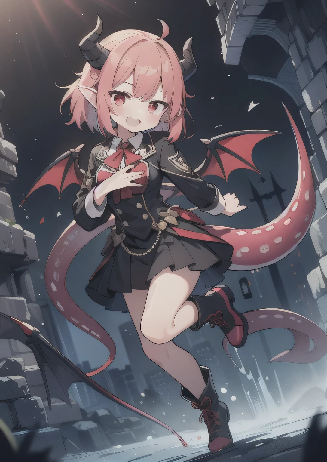 8K, 1girl, petit, teen, kawaii vampire, crimson hair, short hair, red eyes, fang, bat wings, smile, (blush), (shy), pointed ears, looking at viewer, dynamic angle, wind, game cg, fantastic scenery, demon tail, thin tail, black horns, medium breast, show full body, class uniform, sexy, dungeons, summon, magic, bulge, show bulge, tentacles, slime, grinding, riding tentacle