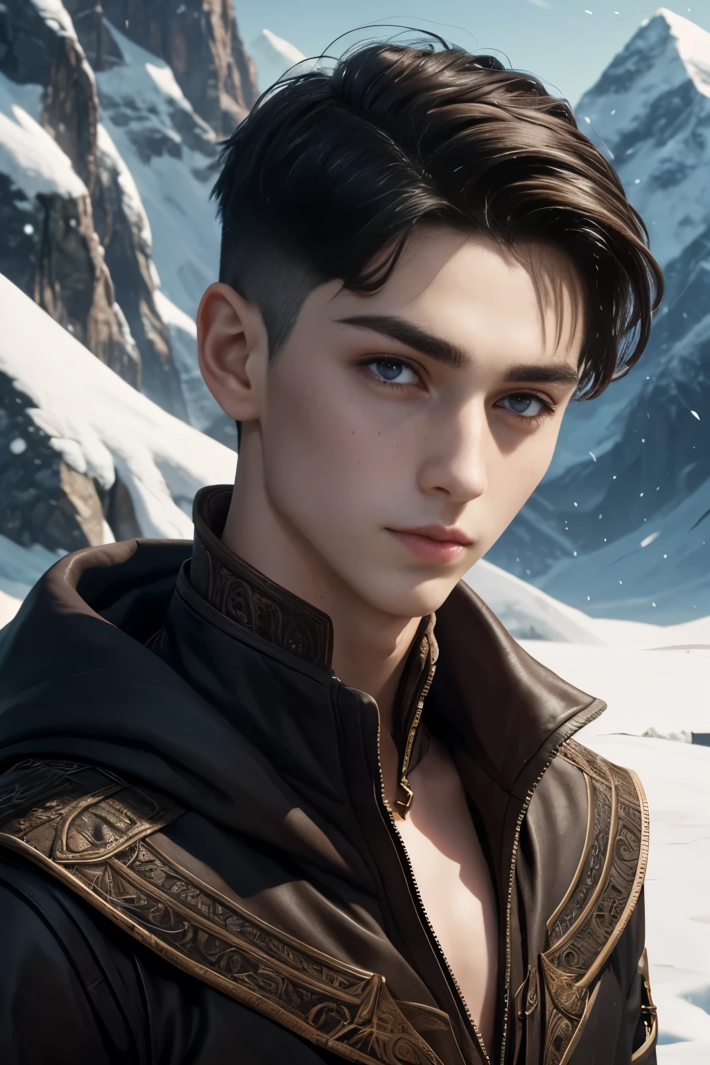 An young male illusionist. Fantasy setting. Very short hair. Short haircut. Dark-brown hair with a undercut. Very pale skin with freckles and liverspots. Round soft face. Round soft chin. Round soft cheeks. Curved lips. Long wide nose. Dark brown eyes. Upturned eyes. Long neck. Very thin, barely visible eyebrows. Slim. Friendly. Kind. Wearing the used clothes of wizard. Background: An skandinavian landscape. Mountains and snow.