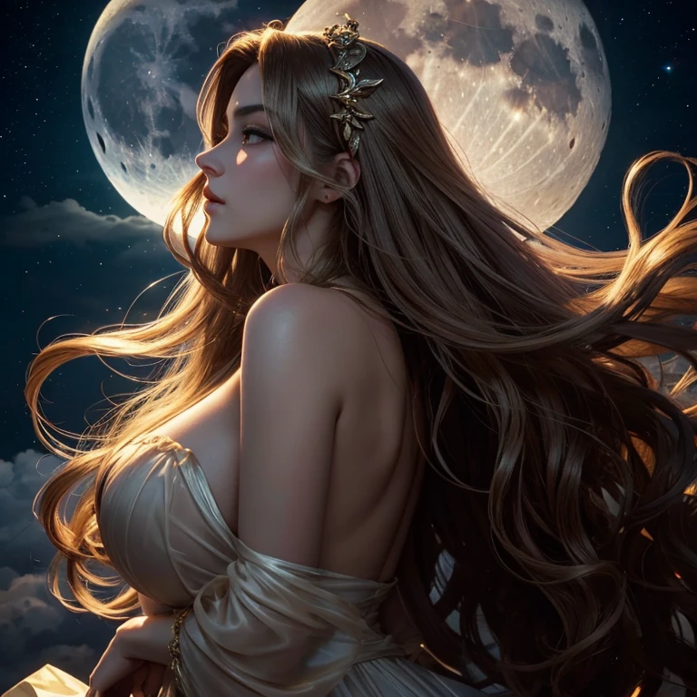 Goddess face, left side view, starring the moon, dark night scene, glamorous face, HD, surrealism, extreme color, long hair blows, seductive, cinematic portrait, no dress, hold up hands, beautiful body silhouette ((best quality)), ((masterpiece)), (detailed), perfect face Aphrodite, seductive, unreal engine, hyper realistic, ultra detailed, vintage style, perfect model, floating in the air, above the clouds, waist long golden hair, wavy hair, glorious transparent no dress, shiny skin