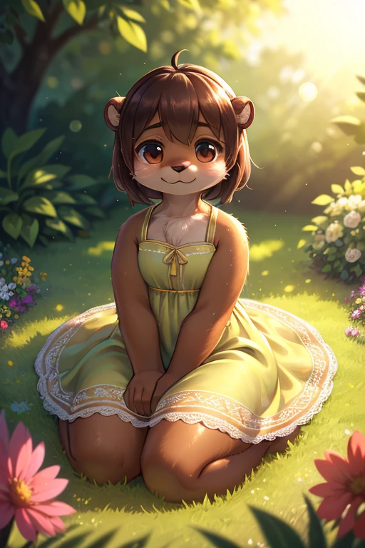 (Realism style:1.3) , Bokeh , 1 hairy mature otter girl , Short stature , curvy , hige , realistic hairy fur , Round face, swollen cheeks, moist round eyes , hair ties , relax thin summer dress , in the grass garden , sunlight , (flare:1.2) , (body line shadow is faintly visible)