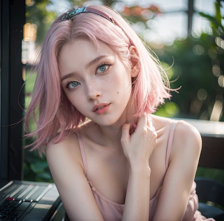 young woman, short shoulder-length pink hair, wide forehead, porcelain skin, pink eyebrows, big emerald green eyes, buttoned nose, full lips, heart-shaped face, slender body, small breasts, red tank top, Sakura Haruno , realistic, realism, details, 3d, well detailed
