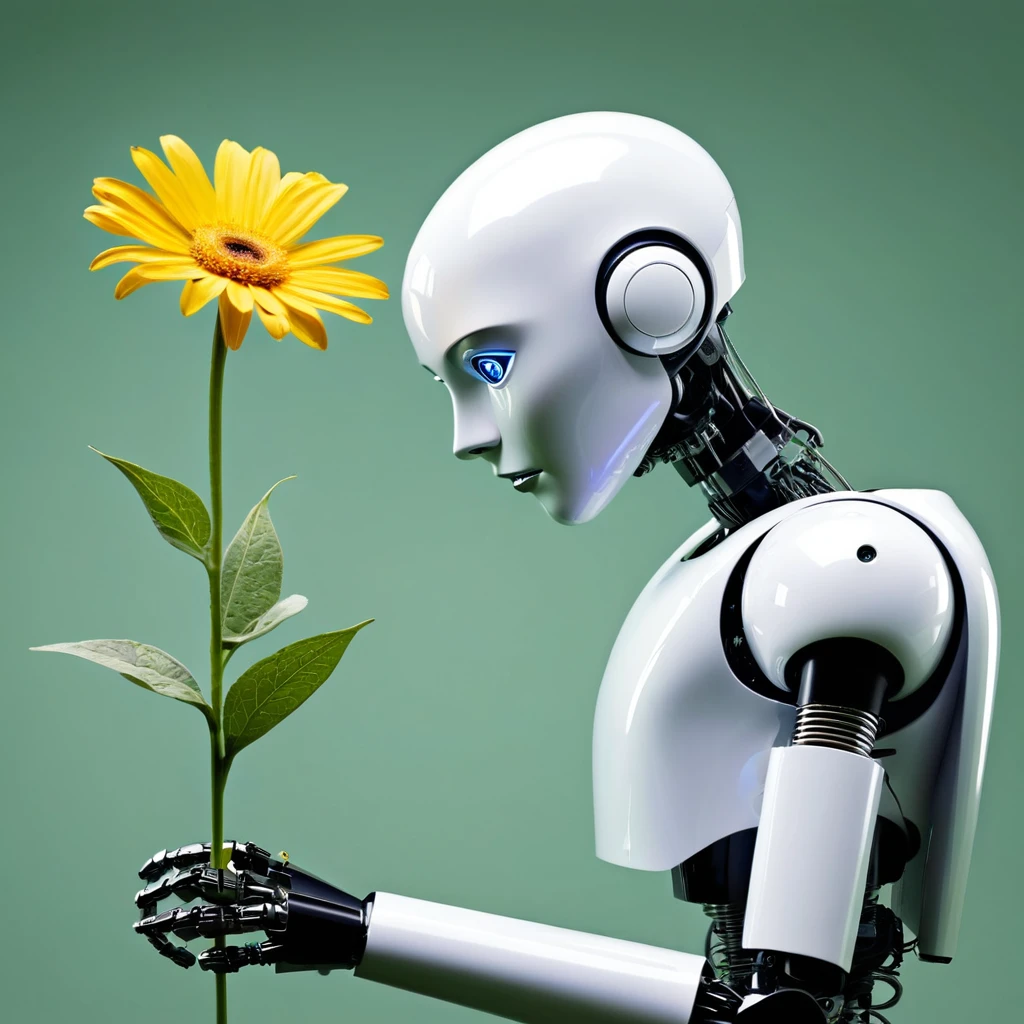 A clock work robot, humanoid, picks a flower and studies it