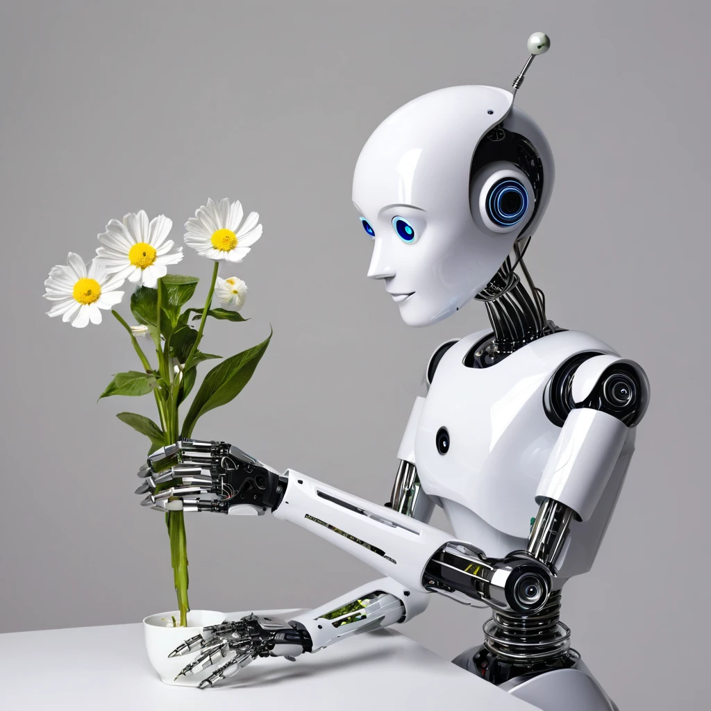 A clock work robot, humanoid, picks a flower and studies it