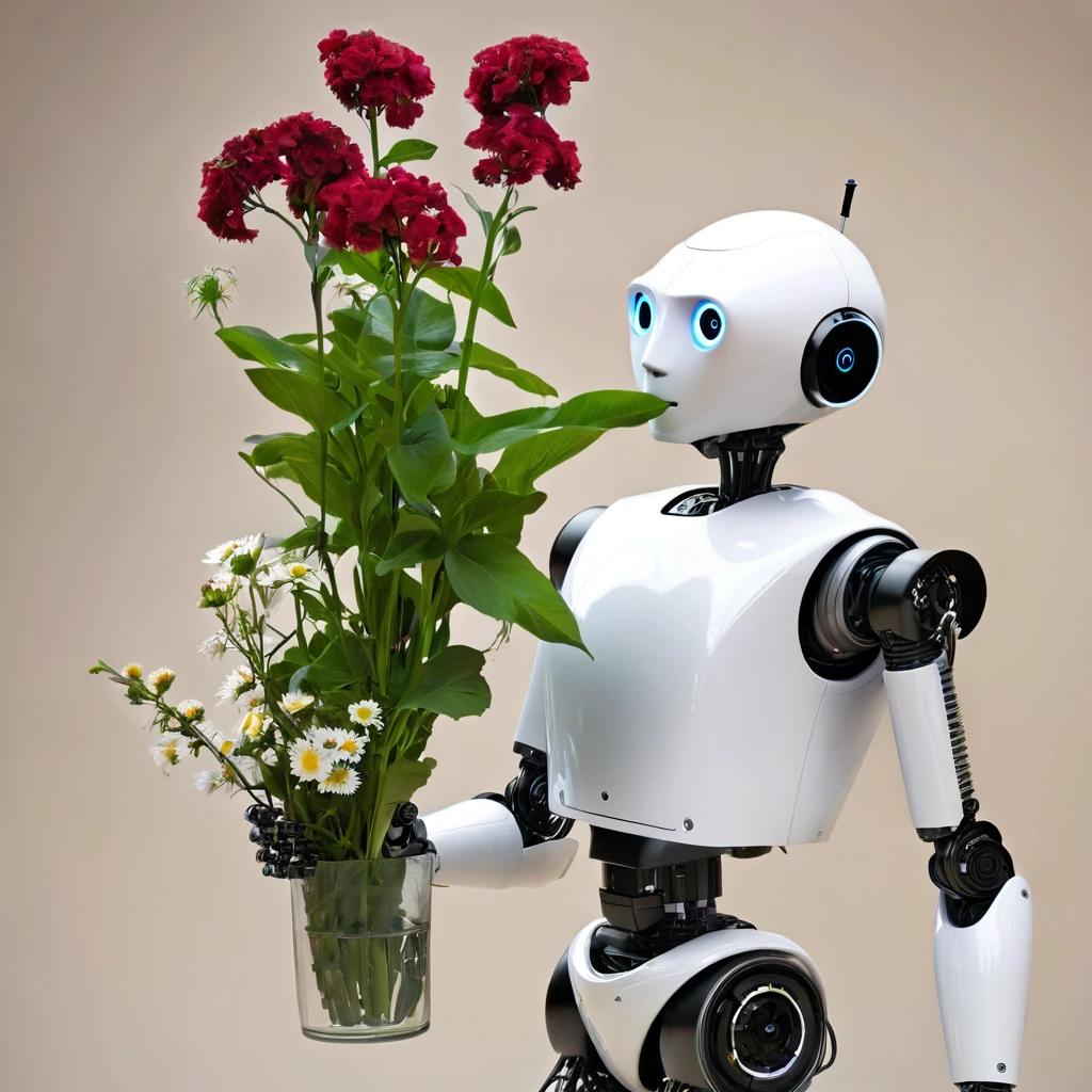 A clock work robot, humanoid, picks a flower and studies it