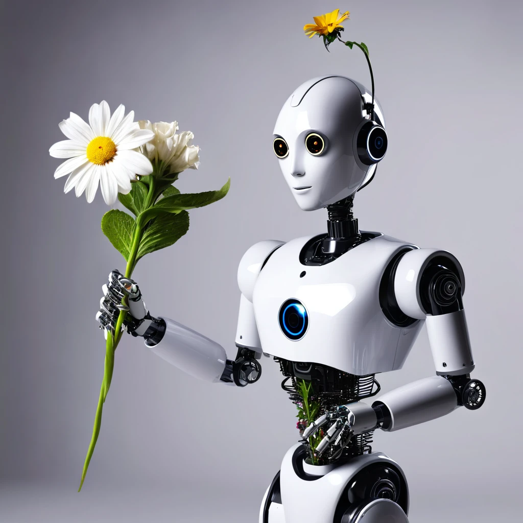 A clock work robot, humanoid, picks a flower and studies it