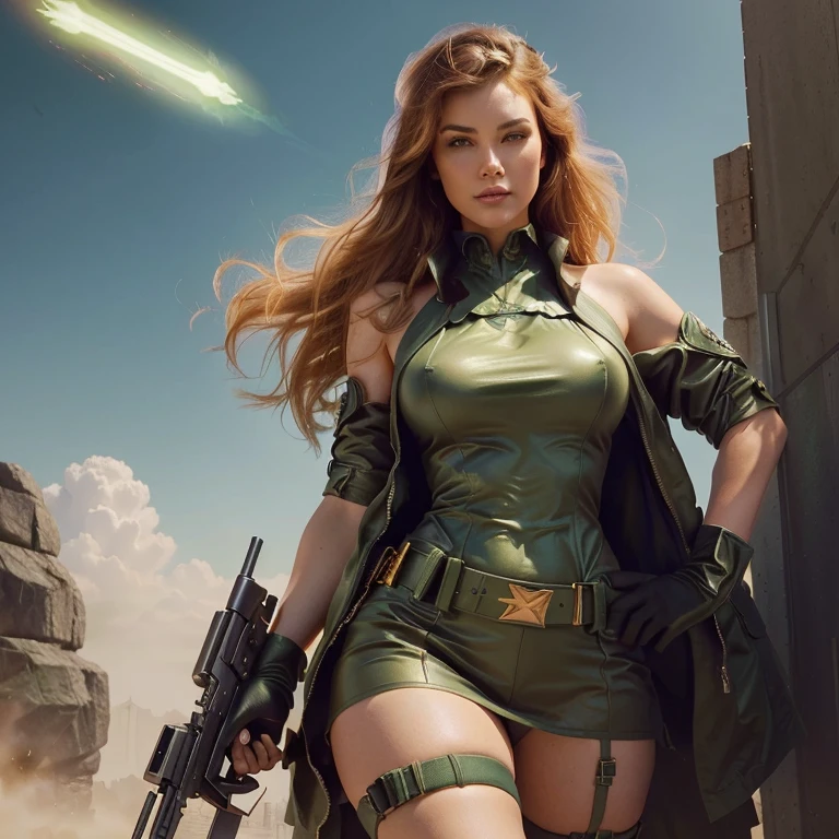 a close up of a woman in a green outfit holding a gun, artgerm julie bell beeple, style artgerm, artgerm style, wlop and artgerm, ig model | artgerm, artgerm and warren louw, artgerm lau, in style of artgerm, in the style artgerm