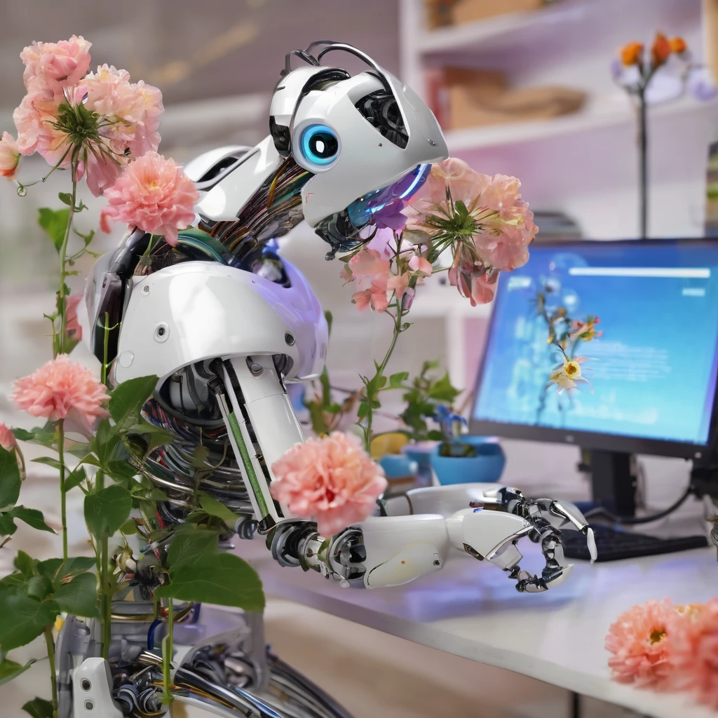 A clock work robot, humanoid, picks a flower and studies it