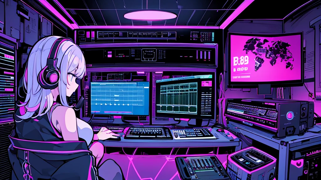 Best quality, (masterpiece:1.2), best detail face,1 girl, big breasts, 18 yo, 8k,absurdres,unity 8k wall paper,(extremely detailed:1.3), highest realistic, (headphones:1.1), (soft neon light:1.1), (floating hair:1.2), (psychedelic:1.2), Her room full of music equipment, loungewear, (((Roland TB-303 Synthesizer))), loose loungewear, Looks listless, See the whole room