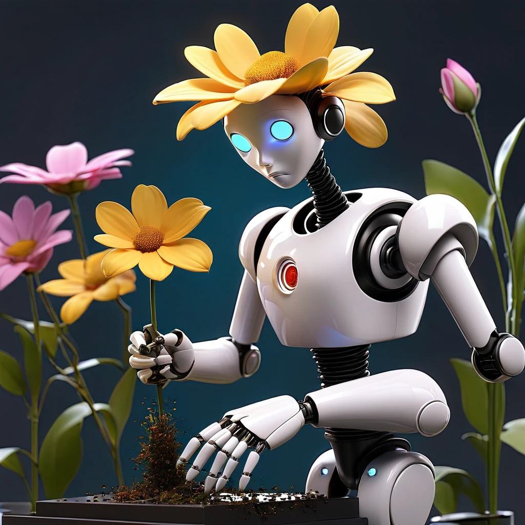 A clock work robot, humanoid, picks a flower and studies it