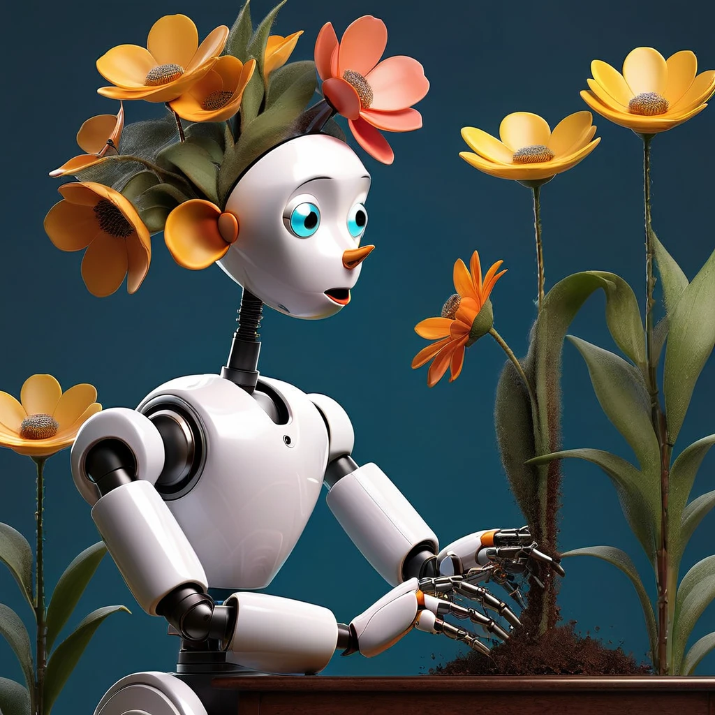 A clock work robot, humanoid, picks a flower and studies it