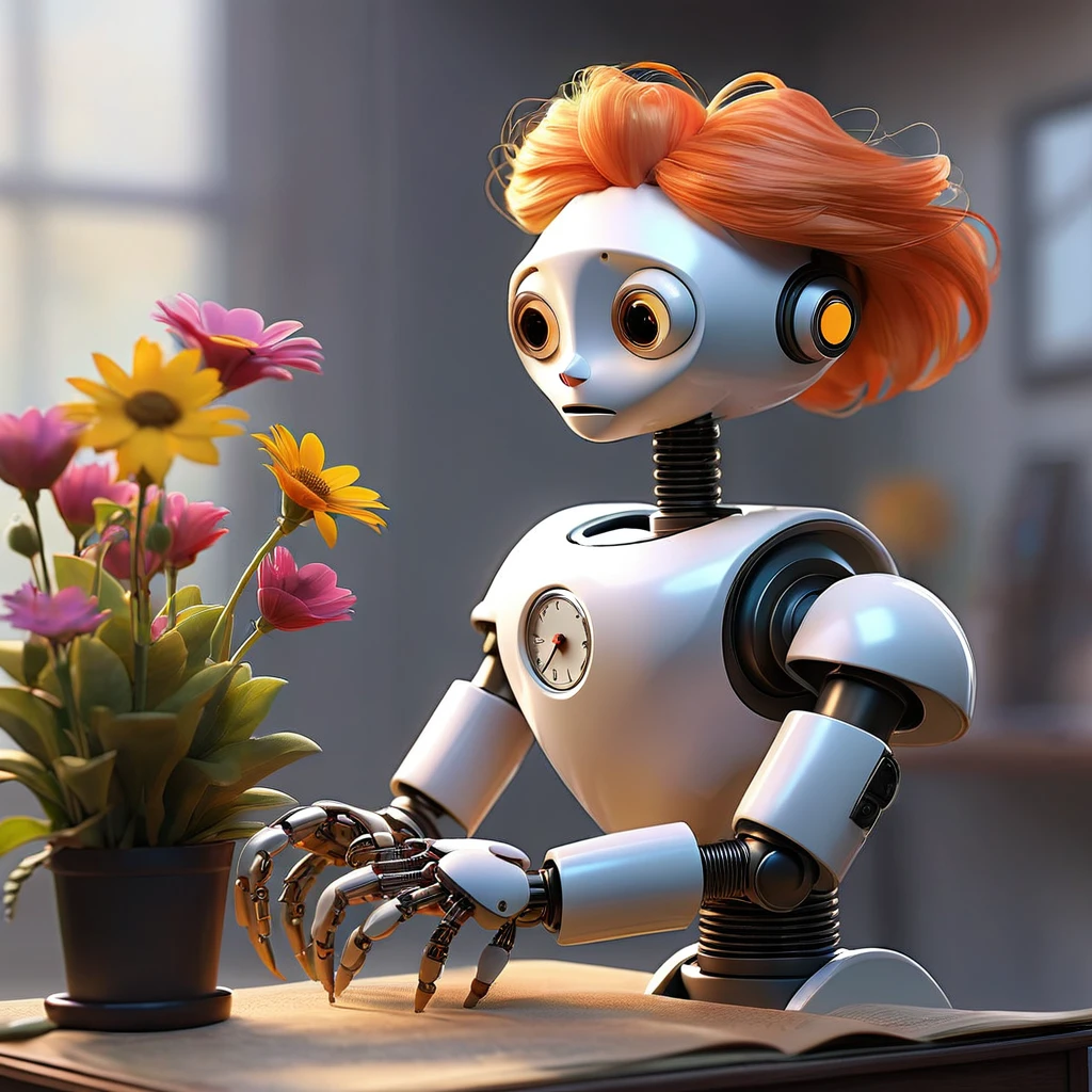 A clock work robot, humanoid, picks a flower and studies it