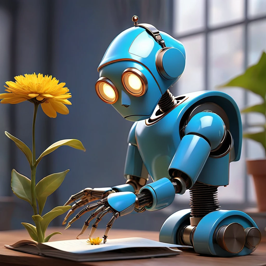 A clock work robot, humanoid, picks a flower and studies it