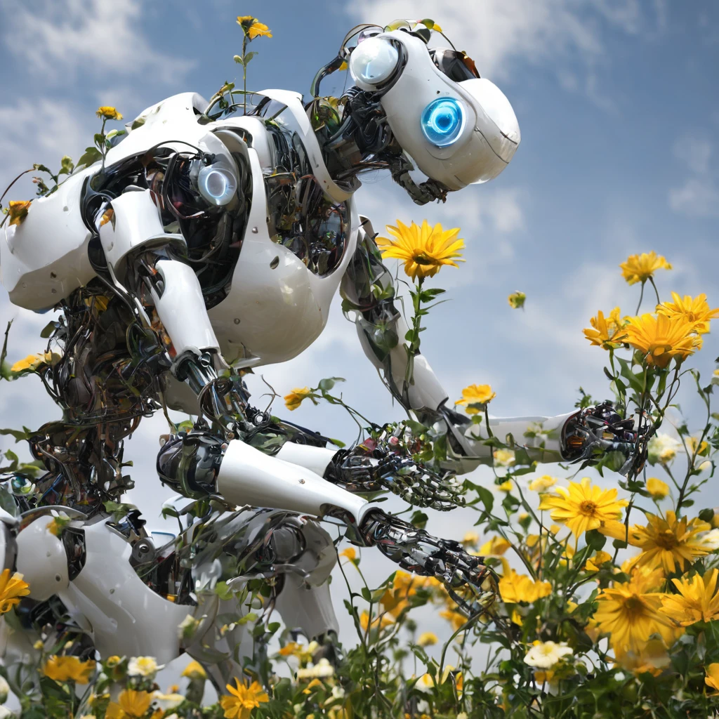 A clock work robot, humanoid, picks a flower and studies it