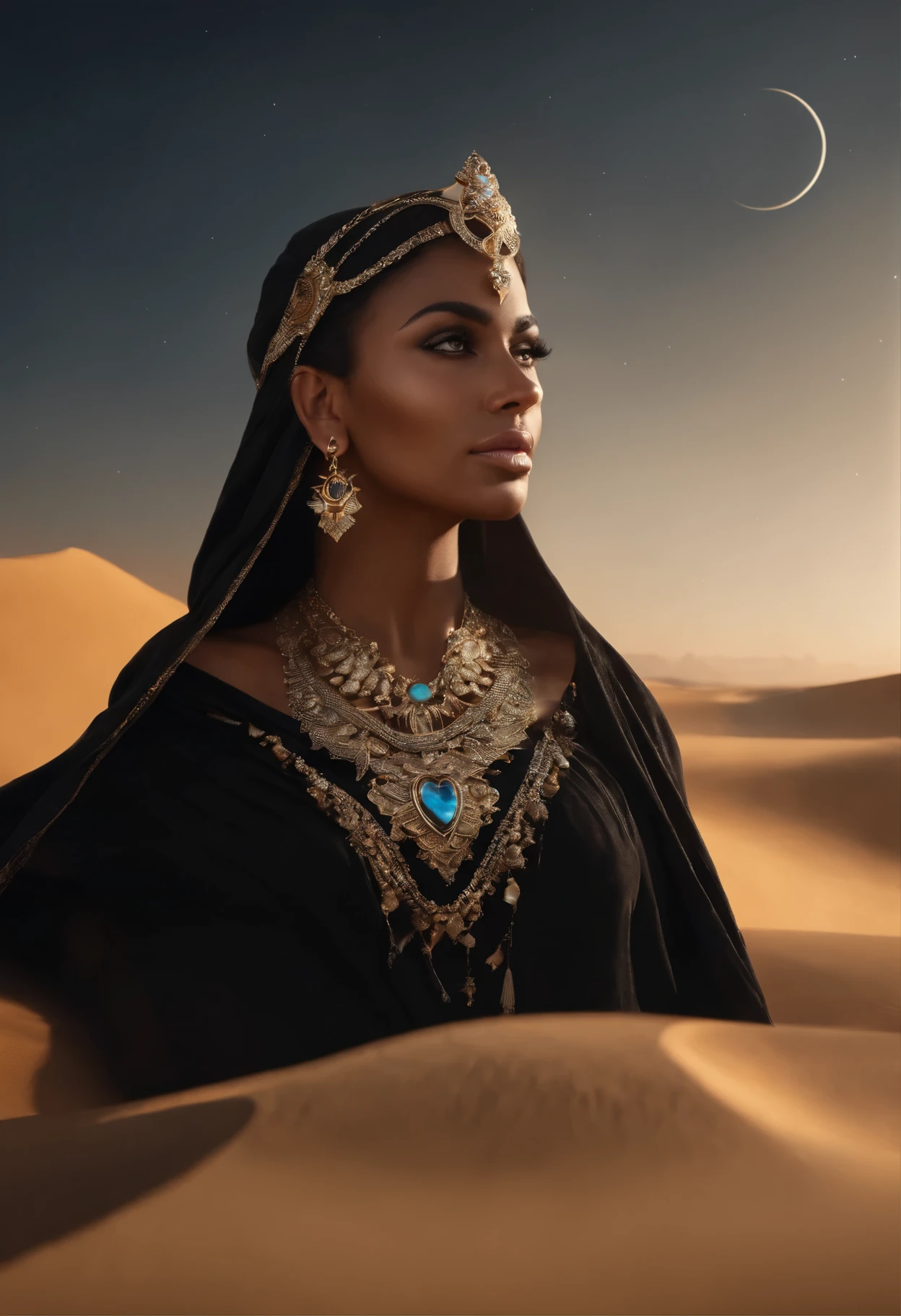 A breathtaking, ultrarealistic 3D rendering of Layla, an emblematic Arab warrior, gracefully riding her powerful steed through the heart of a majestic desert. She is adorned in a flowing black robe and a mystical cape concealing ancient secrets, embodying the heart of "Julier Design". As she lifts her enchanted cape, the sands part to reveal a bustling marketplace filled with jewelers, artists, and goldsmiths, each crafting stunning star-inspired jewelry that sparkles like fallen stars against the golden sand. Layla, the protector of this enchanted oasis, vigilantly watches over the creation of these celestial wonders, imbuing them with the essence of the desert and the soul of "Julier Design". This awe-inspiring 3D render masterfully, 3d render