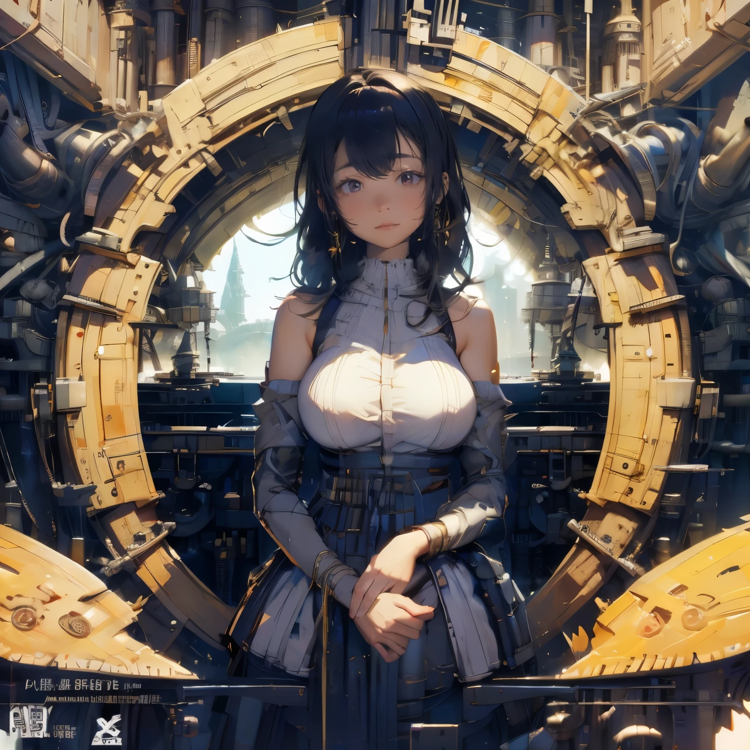 looking away, aerial angle, (mechanical, complex body), ((huge god's weapon has female face's outline embedded)), drooping eyes, blush, sleepy,