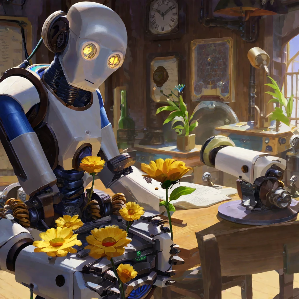 A clock work robot, humanoid, picks a flower and studies it