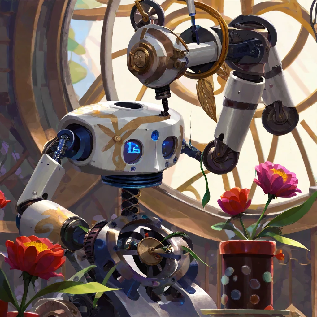 A clock work robot, humanoid, picks a flower and studies it