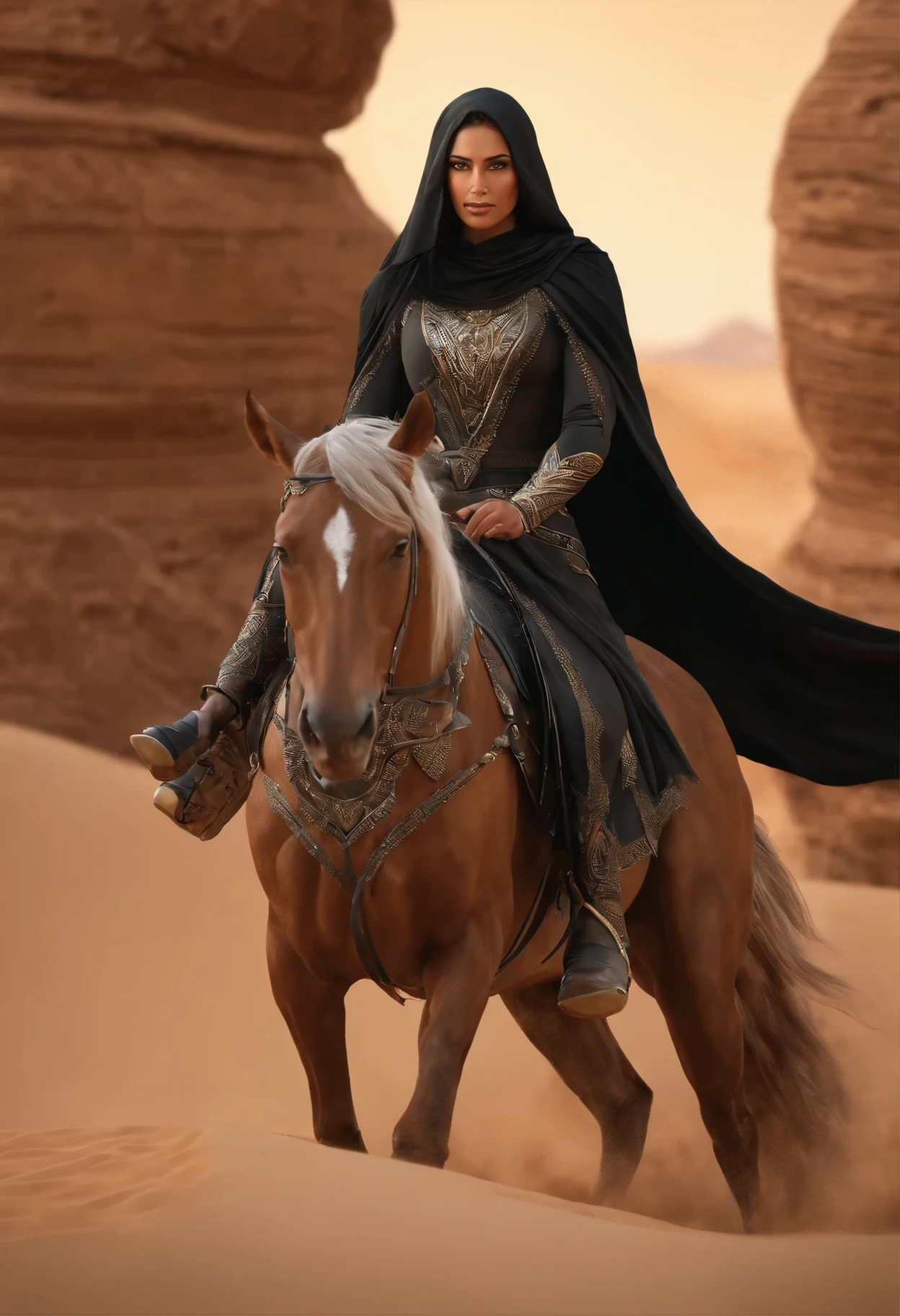A breathtaking, ultrarealistic 3D rendering of Layla, an emblematic Arab warrior, gracefully riding her powerful steed through the heart of a majestic desert. She is adorned in a flowing black robe and a mystical cape concealing ancient secrets, embodying the heart of "Julier Design". As she lifts her enchanted cape, the sands part to reveal a bustling marketplace filled with jewelers, artists, and goldsmiths, each crafting stunning star-inspired jewelry that sparkles like fallen stars against the golden sand. Layla, the protector of this enchanted oasis, vigilantly watches over the creation of these celestial wonders, imbuing them with the essence of the desert and the soul of "Julier Design". This awe-inspiring 3D render masterfully, 3d render