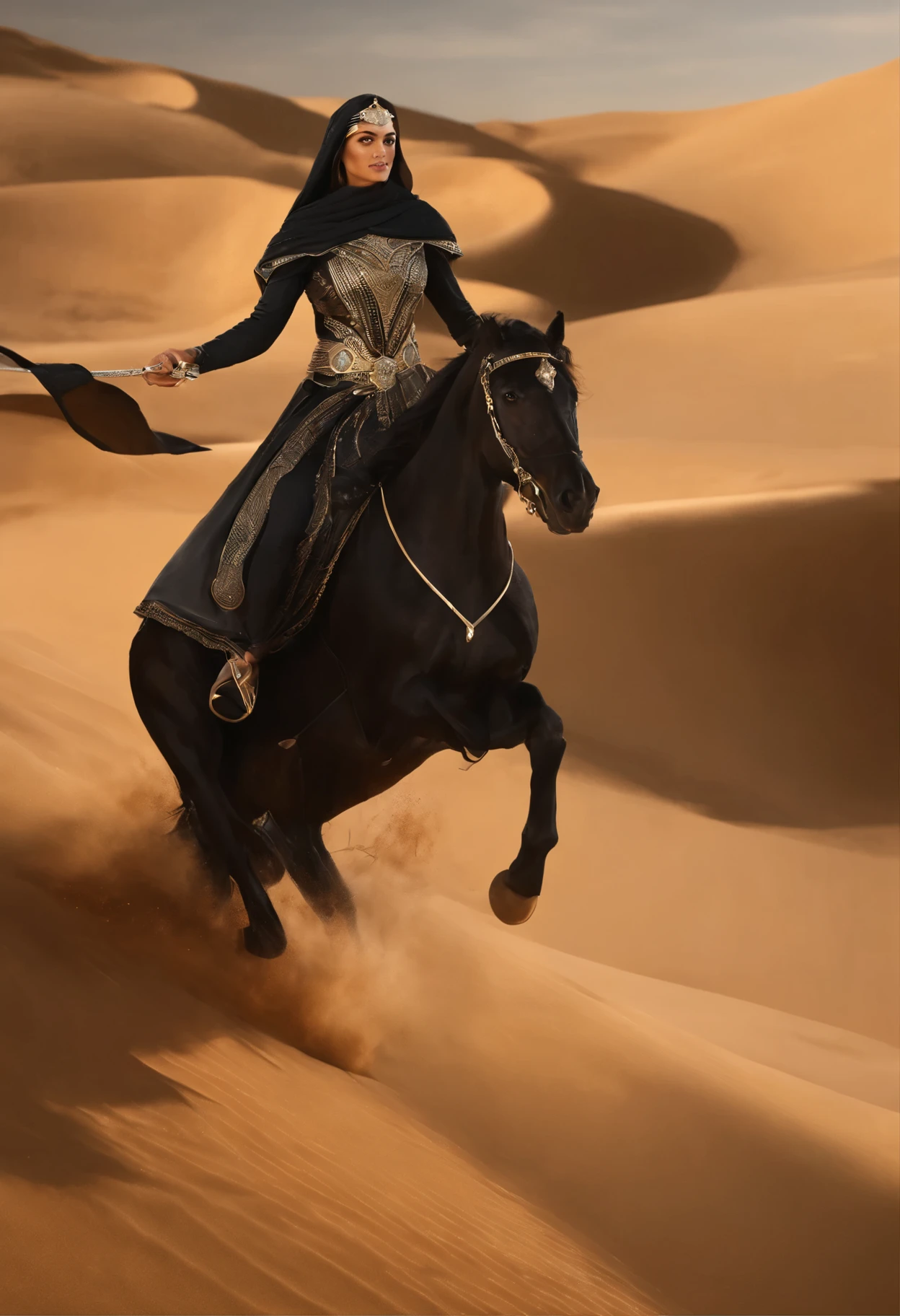 A breathtaking, ultrarealistic 3D rendering of Layla, an emblematic Arab warrior, gracefully riding her powerful steed through the heart of a majestic desert. She is adorned in a flowing black robe and a mystical cape concealing ancient secrets, embodying the heart of "Julier Design". As she lifts her enchanted cape, the sands part to reveal a bustling marketplace filled with jewelers, artists, and goldsmiths, each crafting stunning star-inspired jewelry that sparkles like fallen stars against the golden sand. Layla, the protector of this enchanted oasis, vigilantly watches over the creation of these celestial wonders, imbuing them with the essence of the desert and the soul of "Julier Design". This awe-inspiring 3D render masterfully, 3d render
