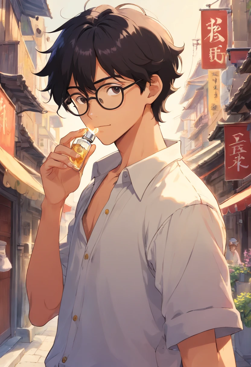 Young man, opened shirt, wavy black hair, tan skin, round glasses.
Spraying perfume to his neck.
City.