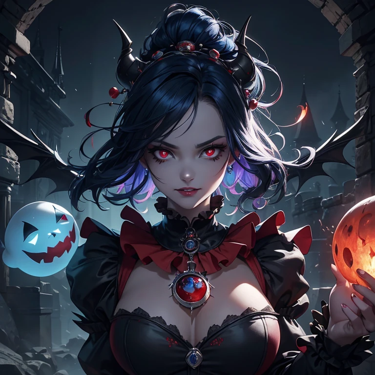 Masterpiece, Best Quality, 8K Wallpaper, HDR, Octane Rendering. spherical ghost monster, clown, Jester, Harlequin, joker, vibrant outfit, flying through the air, holding, pawning, hammer, sledgehammer, playing cards, nail bat, giant colorful wooden weapon, ancient ruined dungeon environment of a royal castle, gloomy atmosphere, macabre elements, surprising contrast, intriguing scene, joy and mystery shrouded in darkness. Vivid details, vibrant colors, dark mystery. Monster of (Messy hair, black and blue hair), (hair color: 1.4), (beautiful and detailed face with perfect symmetry), (sinister expression, piercing eyes), (Beautiful and detailed red eyes: 1.3), (lips blood red, macabre smile, teeth: 1.2), (body with perfect anatomy, perfect natural texture, high details, glowing skin) Cinematic lighting, vivid colors, high quality detailed illustration, depth of field, exceptional visual immersion.