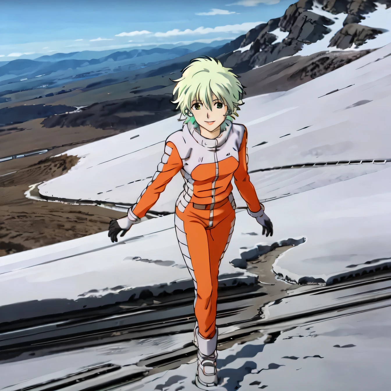 masterpiece,high quality,alone,
View Viewer,smile,
Ina Sakhalin,One girl,
short hair,Silver-green hair,Earrings,Green Eyes,lipstick,
Orange pilot suit,
gloves,
boots,
whole body,Snow Field,Mountain,